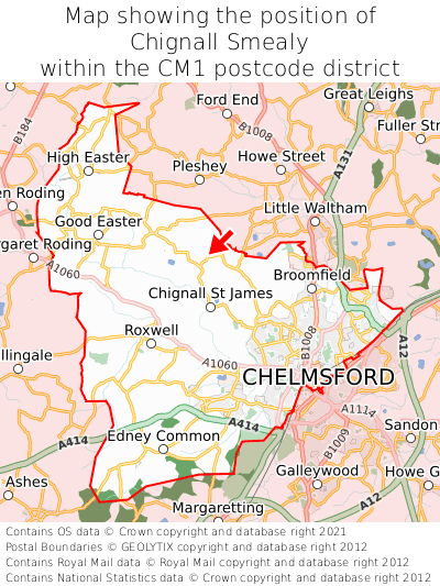 Map showing location of Chignall Smealy within CM1