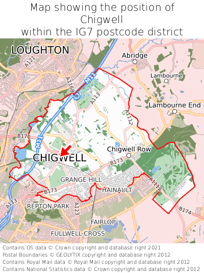 Map showing location of Chigwell within IG7