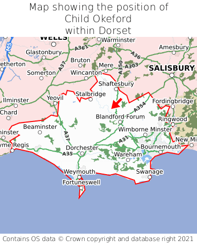 Map showing location of Child Okeford within Dorset