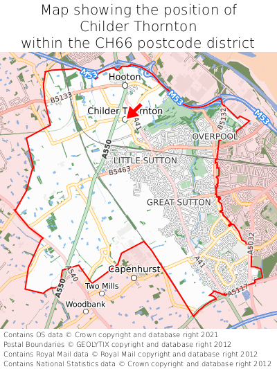 Map showing location of Childer Thornton within CH66