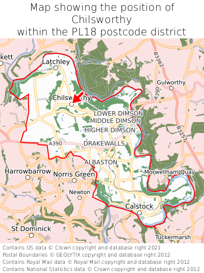 Map showing location of Chilsworthy within PL18