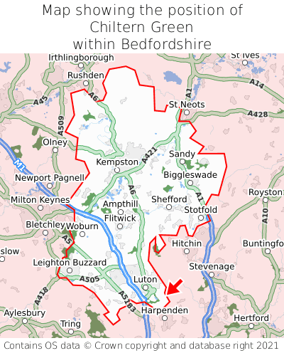 Map showing location of Chiltern Green within Bedfordshire