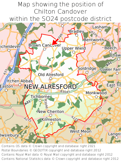 Map showing location of Chilton Candover within SO24