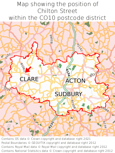 Map showing location of Chilton Street within CO10