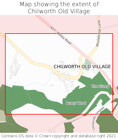 Map showing extent of Chilworth Old Village as bounding box