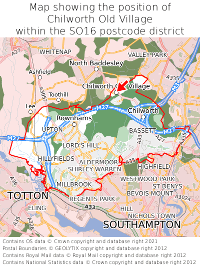 Map showing location of Chilworth Old Village within SO16