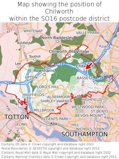 Map showing location of Chilworth within SO16