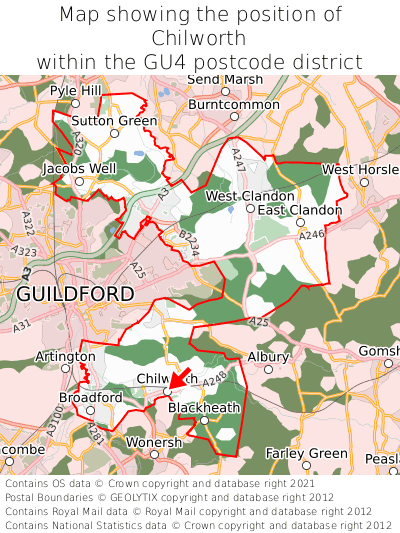 Map showing location of Chilworth within GU4