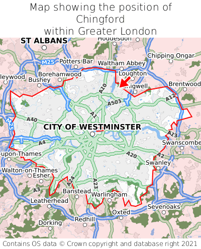 Map showing location of Chingford within Greater London