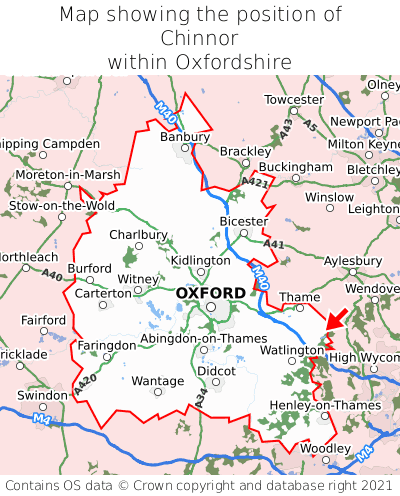 Map showing location of Chinnor within Oxfordshire