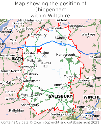 Map showing location of Chippenham within Wiltshire