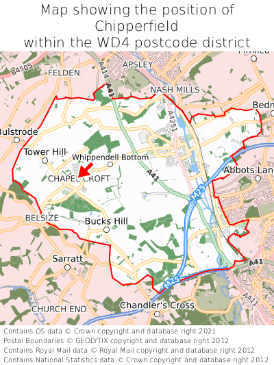 Map showing location of Chipperfield within WD4