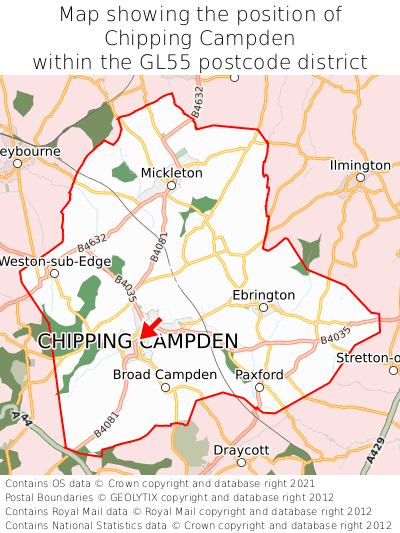 Map showing location of Chipping Campden within GL55