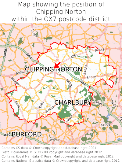 Map showing location of Chipping Norton within OX7