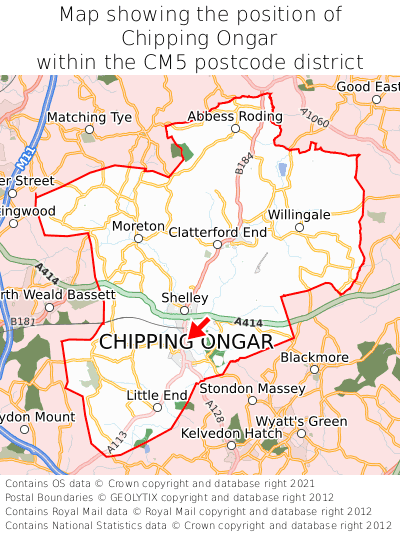 Map showing location of Chipping Ongar within CM5