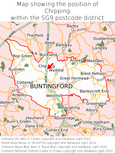 Map showing location of Chipping within SG9