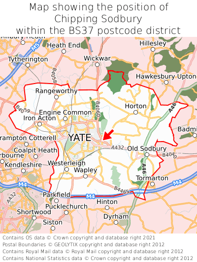 Map showing location of Chipping Sodbury within BS37