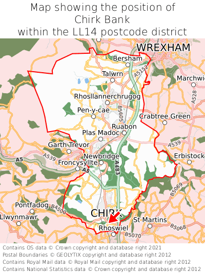 Map showing location of Chirk Bank within LL14