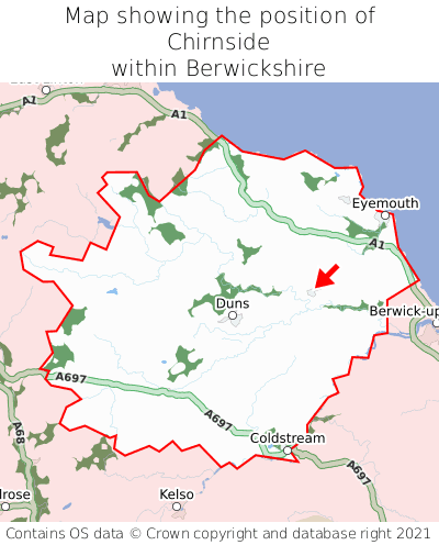Map showing location of Chirnside within Berwickshire