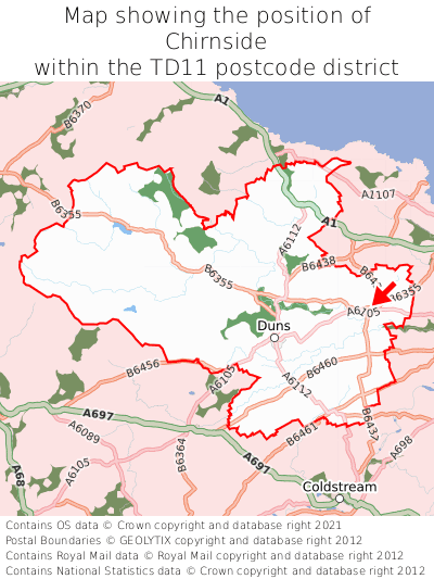 Map showing location of Chirnside within TD11