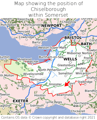 Map showing location of Chiselborough within Somerset
