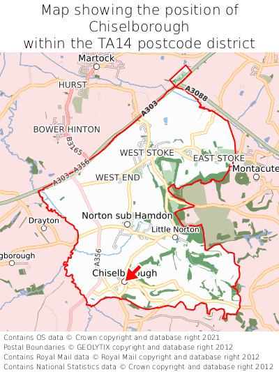 Map showing location of Chiselborough within TA14