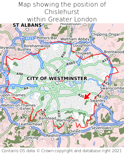 Map showing location of Chislehurst within Greater London