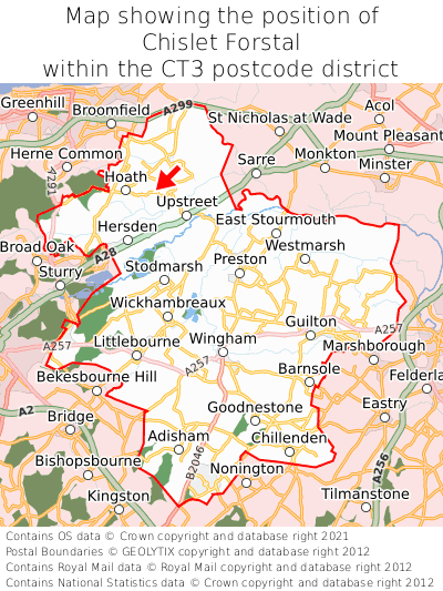 Map showing location of Chislet Forstal within CT3