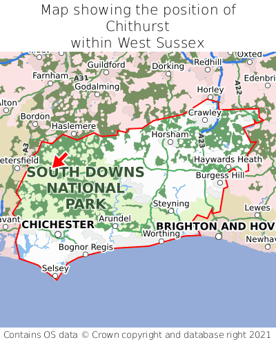 Map showing location of Chithurst within West Sussex