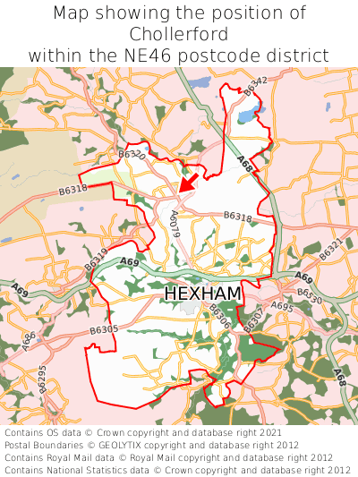 Map showing location of Chollerford within NE46