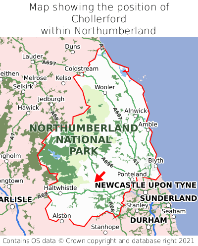 Map showing location of Chollerford within Northumberland