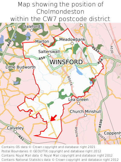 Map showing location of Cholmondeston within CW7