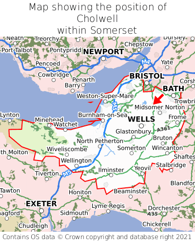 Map showing location of Cholwell within Somerset
