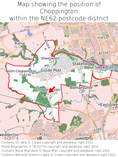 Map showing location of Choppington within NE62