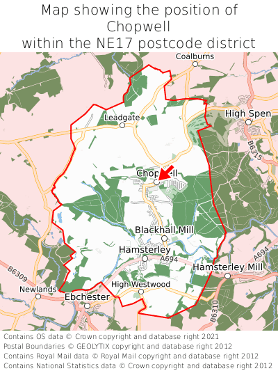 Map showing location of Chopwell within NE17