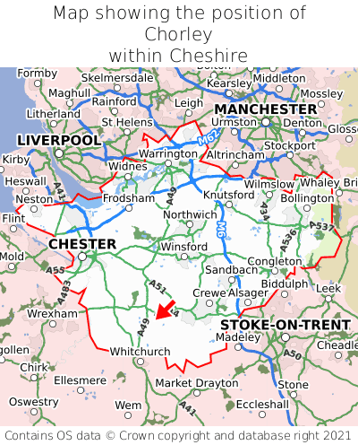 Map showing location of Chorley within Cheshire