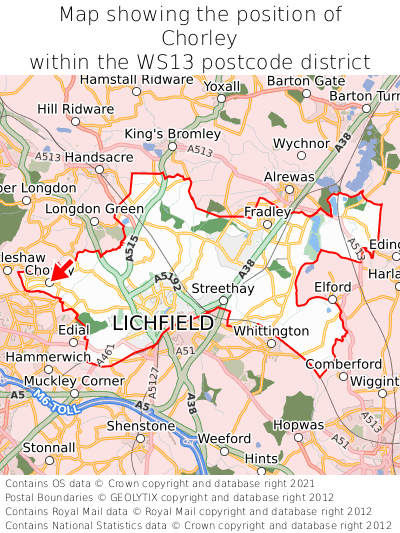 Map showing location of Chorley within WS13