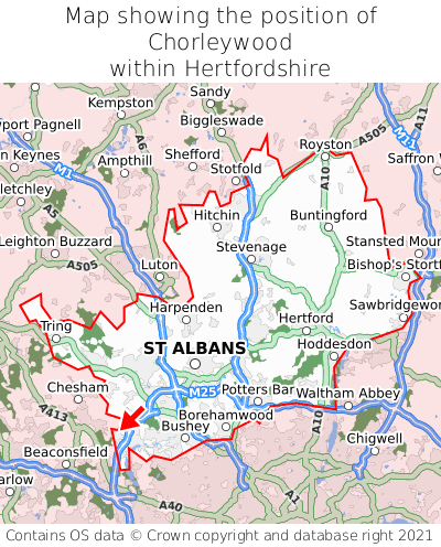 Map showing location of Chorleywood within Hertfordshire