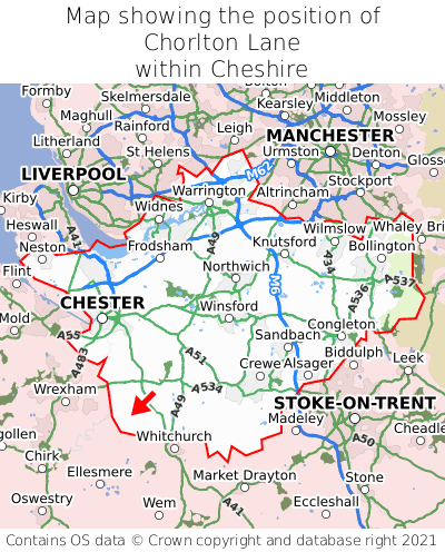 Map showing location of Chorlton Lane within Cheshire