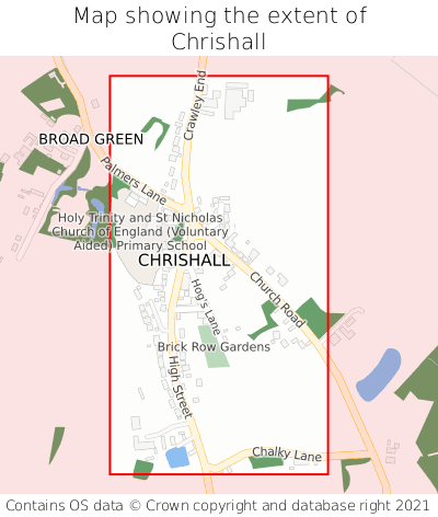 Map showing extent of Chrishall as bounding box