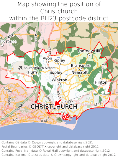 Map showing location of Christchurch within BH23