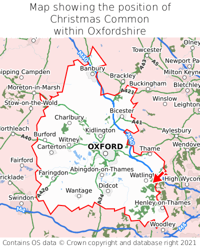 Map showing location of Christmas Common within Oxfordshire