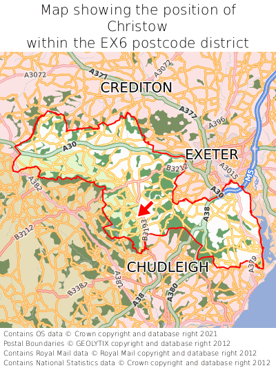 Map showing location of Christow within EX6