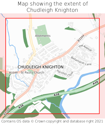 Map showing extent of Chudleigh Knighton as bounding box