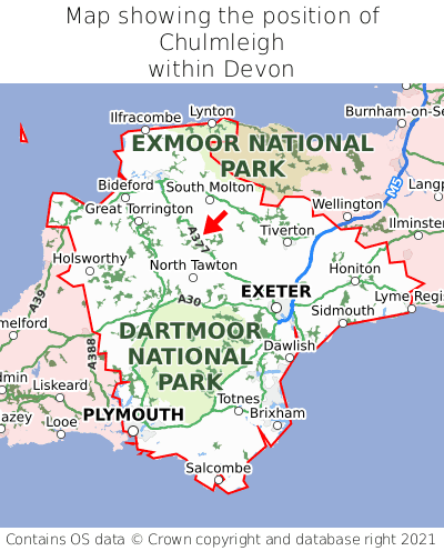 Map showing location of Chulmleigh within Devon