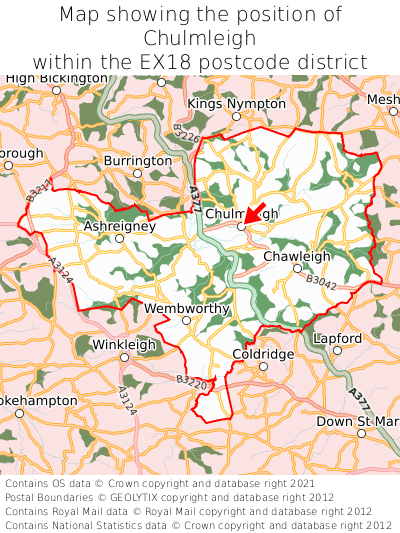 Map showing location of Chulmleigh within EX18