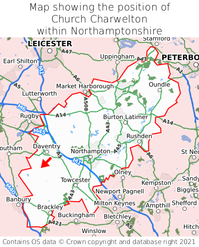Map showing location of Church Charwelton within Northamptonshire