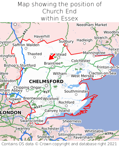 Map showing location of Church End within Essex