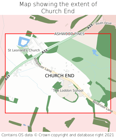 Map showing extent of Church End as bounding box