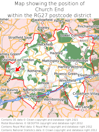 Map showing location of Church End within RG27